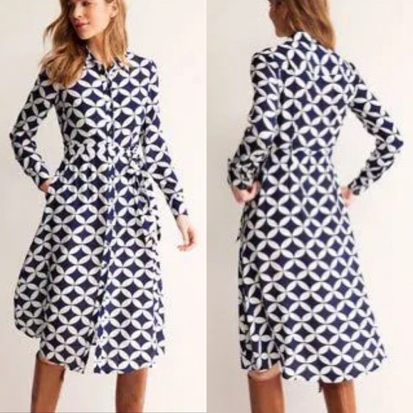 Boden Dresses & Skirts - Boden Shirt Dress Geometric Petal Print 4R Navy White Belted Long Sleeve Midi